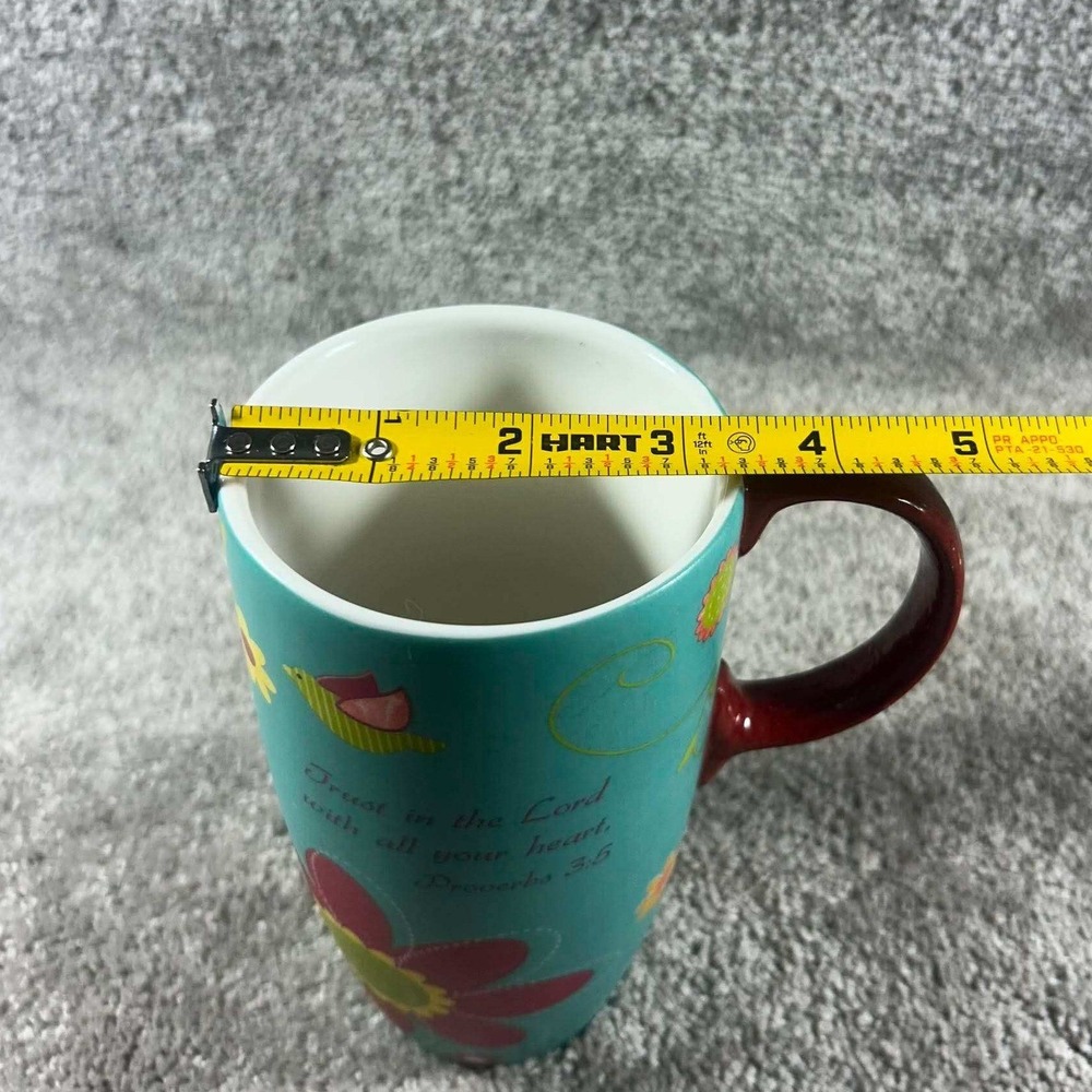 Latte Mug Teal Floral Proverbs 3:5 Trust in the Lord Scripture Religious 6in - Picture 7 of 8